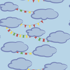 Painted cartoon contours of blue clouds with flags light seamless pattern.