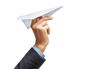 Man's hand in suit holding paper plane isolated on white background. Close up. High resolution product