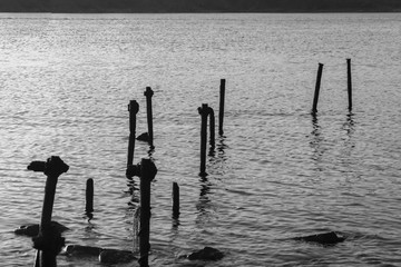 Broken quay.Black and white photography