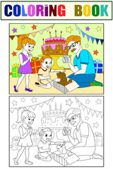 Childrens cartoon color of the holiday. Birthday with gifts, a memorable shot. The boy present a puppy to the boy.