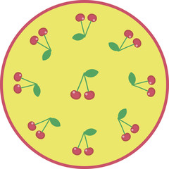 Round composition of cherries on a yellow background with a red stroke
