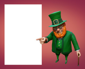 Funny leprechaun in green suit and hat pointing with his finger. 3D rendering
