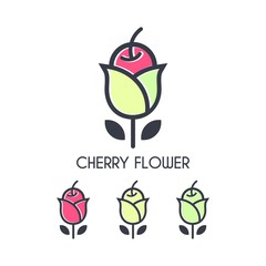 Cherry Flower Logo, Cherry Logo, Flower Logo, Cherry Outline Design Logo Vector