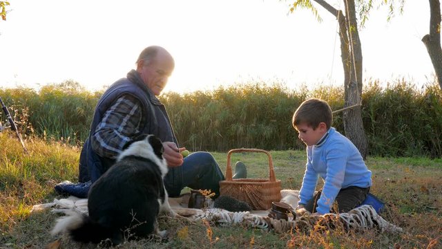 family dinner, grandfather and child sit on blanket near basket and play with dog at autumn recreation