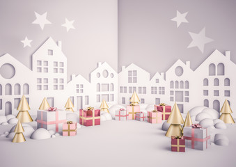 Fototapeta premium White christmas background with empty white space for promo, ads or banner. A lot of pink gift boxes, golden stars, houses in paper craft style. 3D render illustration in dreamy, wonder style.