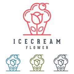 Cherry Ice Cream Flower Logo, Outline Ice Cream Logo, Outline Flower Logo, Cherry Outline Design Logo Vector