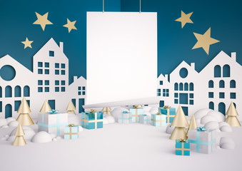 Blue christmas mock up background with empty white space for promo, ads or banner. A lot of gift boxes, golden stars, houses in paper craft style. 3D render illustration in dreamy style.