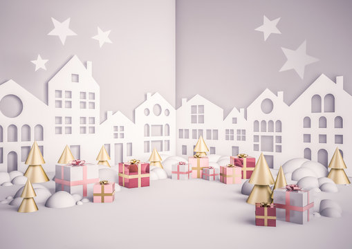 White christmas background with empty white space for promo, ads or banner. A lot of pink gift boxes, golden stars, houses in paper craft style. 3D render illustration in dreamy, wonder style.