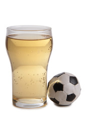 Glass beer mug and a ball on a white background