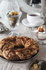 Gourmet homemade Breakfast with brioche with salted caramel, marmalade and ice cream.