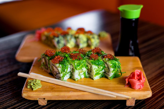 Sushi rolls at the table.