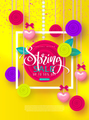 Spring sale banner. Beautiful Background with garland of hearts, flowers and bows. Vector illustration for website , posters, ads, coupons, promotional material