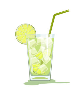 Glass of Caipirinha cocktail with straw. Vector illustration isolated on white background