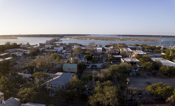 Aerial view of small town of Beaufort, South Carolina on the Atlantic coast.