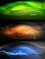 Set of neon glowing waves and lines, shiny light effect digital techno motion backgrounds. Collection of dark space magic vector illustrations