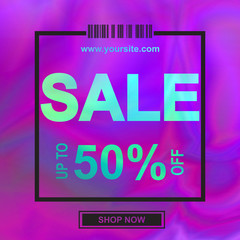 Holographic sale banner, abstract background in neon color. Vector illustration for modern style trends