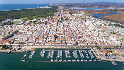 Aerial. Village VIla Real Sto Antonio on the river Guadiana, with a port for yachts and fishing...