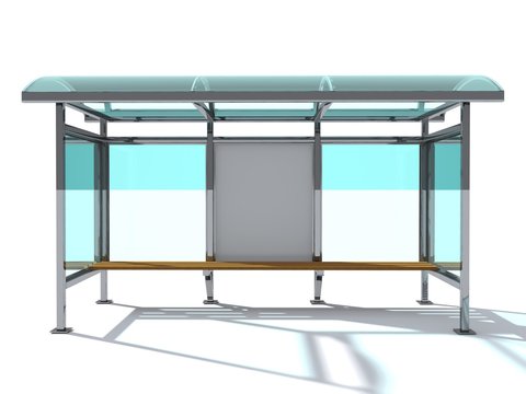 Advertising space mock up. A bus stop made of glass and metal with a bench for sitting. Blank poster on the wall of the bus stop. 3D rendering.