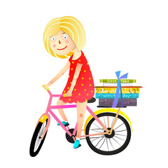 Happy kid riding a bike with stack of books. Vector illustration.