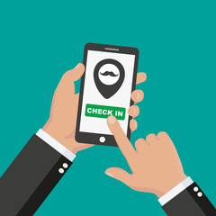 Basic RGBHand holding smartphone with barber's shop pointer on the screen. Flat design vector illustration - stock vector