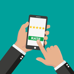 Rate our app flat concept. Hand holds smartphone with 5 stars and rate button on phone screen. Vector illustration - stock vector