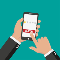 Rate our app flat concept. Hand holds smartphone with 1 star and rate button on phone screen. Vector illustration - stock vector