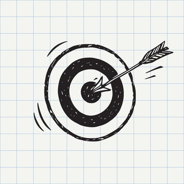 Arrow hit in archery target (goal symbol) icon sketch in vector. Accuracy concept. Hand drawn doodle sign