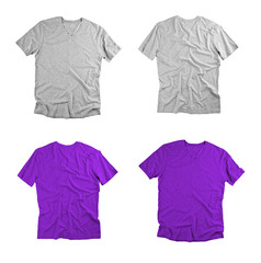 Front and back view of colored t-shirts on white background.