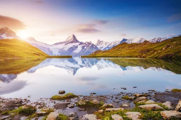 Foto op Aluminium Panoramic view of the Mt. Schreckhorn and Wetterhorn. Location Bachalpsee in Swiss alps, Grindelwald valley, Europe. © Leonid Tit