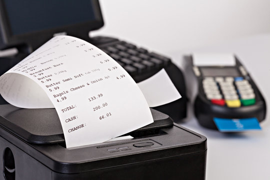 Point of Sale System For Retail or Restaurant with paper shopping bill.