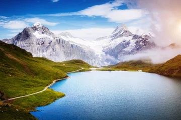 Tuinposter Panorama of Mt. Schreckhorn and Wetterhorn above Bachalpsee lake. Location Swiss alps, Bernese Oberland, Grindelwald, Europe © Leonid Tit