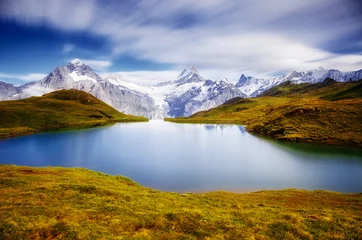  Panorama of Mt. Schreckhorn and Wetterhorn above Bachalpsee lake. Location Swiss alps, Bernese Oberland, Grindelwald, Europe © Leonid Tit
