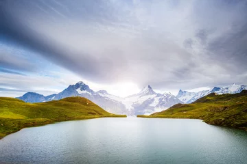 Küchenrückwand glas motiv Great view of Mt. Schreckhorn and Wetterhorn above Bachalpsee lake. Location Swiss alp, Bernese Oberland, Grindelwald, Europe. © Leonid Tit