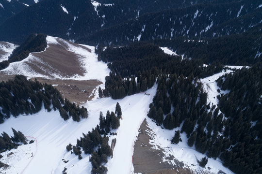 Aerial view of the Alpine skiing and snowboarding resort in mountains