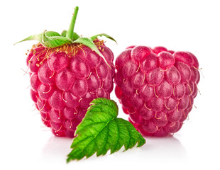 Raspberry berries with green leaf. Healthy food fresh fruit.