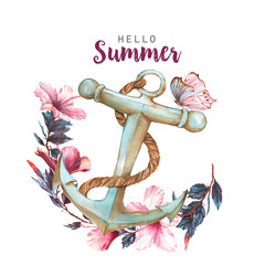 Hand-drawn watercolor illustration of the hibiscus and anchor © anastasianio