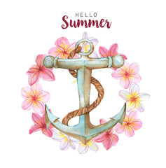 Hand-drawn watercolor illustration of the floral wreath and anchor. Template for greeting card, wedding invitation, advertisement, banner, poster, flyer.