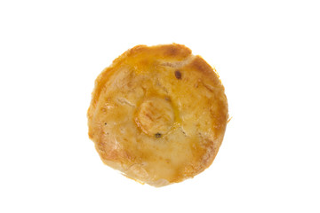 Stuffed chicken pie known as Empada in Portugal and Brazil. Isolated on white background. Top view.