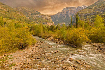The river in broto at sunset, pyrenees, ordesa