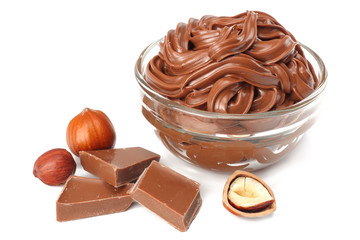 chocolate cream with hazelnut isolated on white background. cream in glass bowl