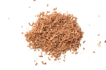 milk chocolate shavings isolated on white background top view