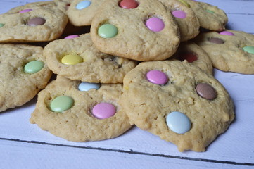 Homemade, round crispy cookies with colorful candy,  perfect for children