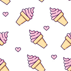 Seamless pattern with contour ice cream and hearts. Thin line flat design. Vector background. - 193037549
