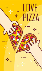Illustration with hands and  .half of pizza. Vector banner for fast food. Thin line flat design.