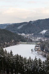 Aerial view of concrete Brezova dam with hydroelectric power plant and road to Karlovy Vary from...