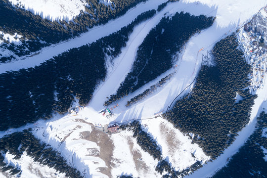 Aerial view of the Alpine skiing and snowboarding resort in mountains