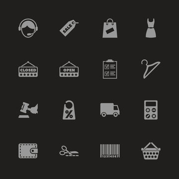 Shopping icons - Gray symbol on black background. Simple illustration. Flat Vector Icon.