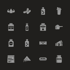 Sport Supplements icons - Gray symbol on black background. Simple illustration. Flat Vector Icon.