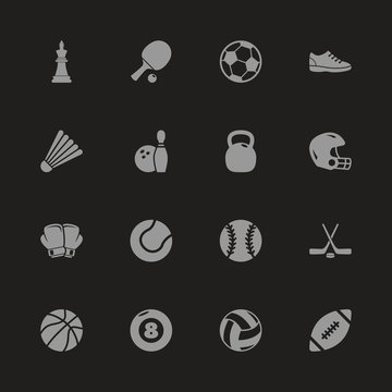 Sport Equipment icons - Gray symbol on black background. Simple illustration. Flat Vector Icon.