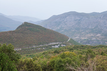View of the road in the valley between the mountains. Montenegro. 